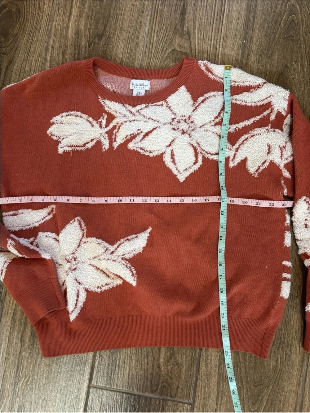 Nicole Miller Floral Boucle Sweater XL Rust Orange Textured Knit